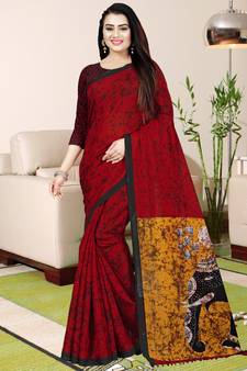 Red Printed Saree With Blouse