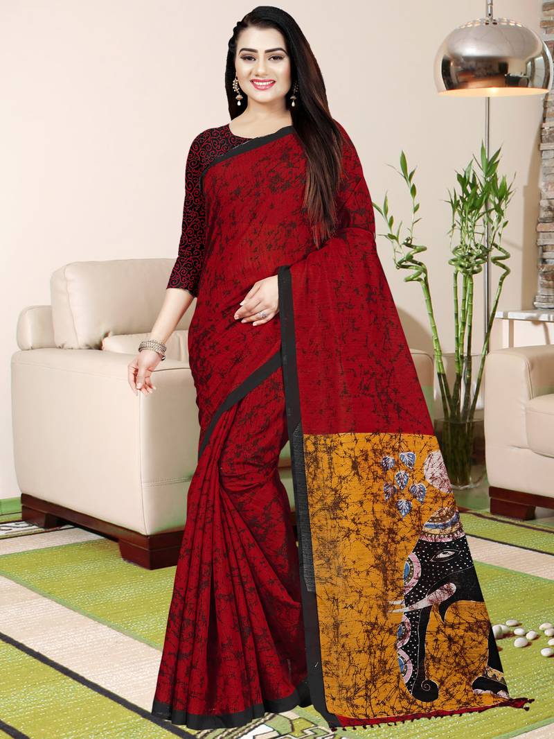 Red Printed Saree With Blouse
