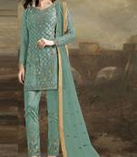 Teal embroidered net salwar