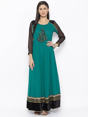 Green Embroidered Georgette Party Wear Kurti 3
