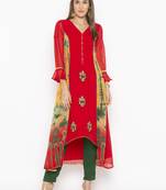 Red Embroidered Georgette Party Wear Kurti