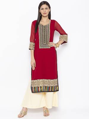 Maroon Embroidered Georgette Party Wear Kurti 1