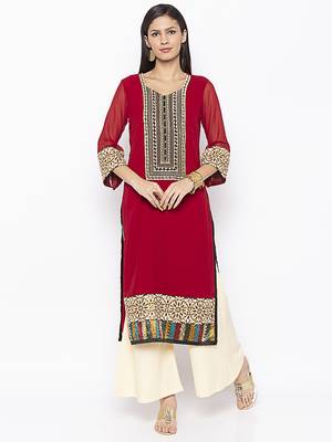 Maroon Embroidered Georgette Party Wear Kurti 2