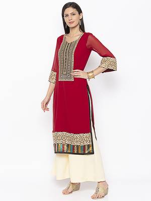 Maroon Embroidered Georgette Party Wear Kurti 3