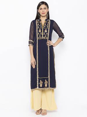 Dark Blue Embroidered Georgette Party Wear Kurti 2