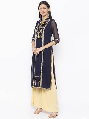 Dark Blue Embroidered Georgette Party Wear Kurti 3