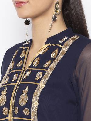 Dark Blue Embroidered Georgette Party Wear Kurti 5