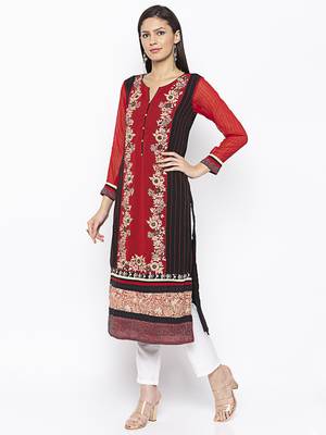 Red Embroidered Georgette Party Wear Kurti 3