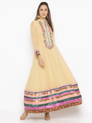 Beige Embroidered Georgette Party Wear Kurti 1
