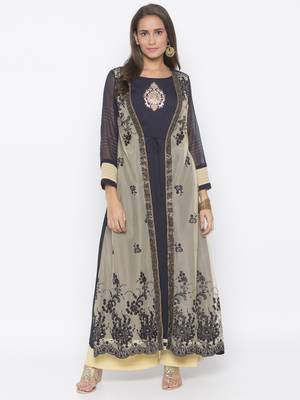 Beige Embroidered Net Party Wear Kurti 1