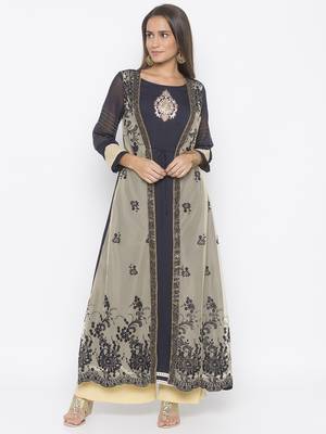 Beige Embroidered Net Party Wear Kurti 3