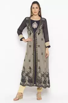 Beige Embroidered Net Party Wear Kurti