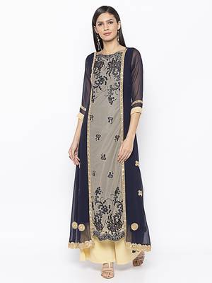 Dark Blue Embroidered Net Party Wear Kurti 2