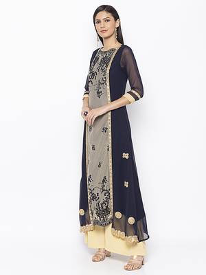 Dark Blue Embroidered Net Party Wear Kurti 3