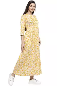 Yellow printed cotton kurtas-and-kurtis