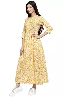 Yellow printed cotton kurtas-and-kurtis