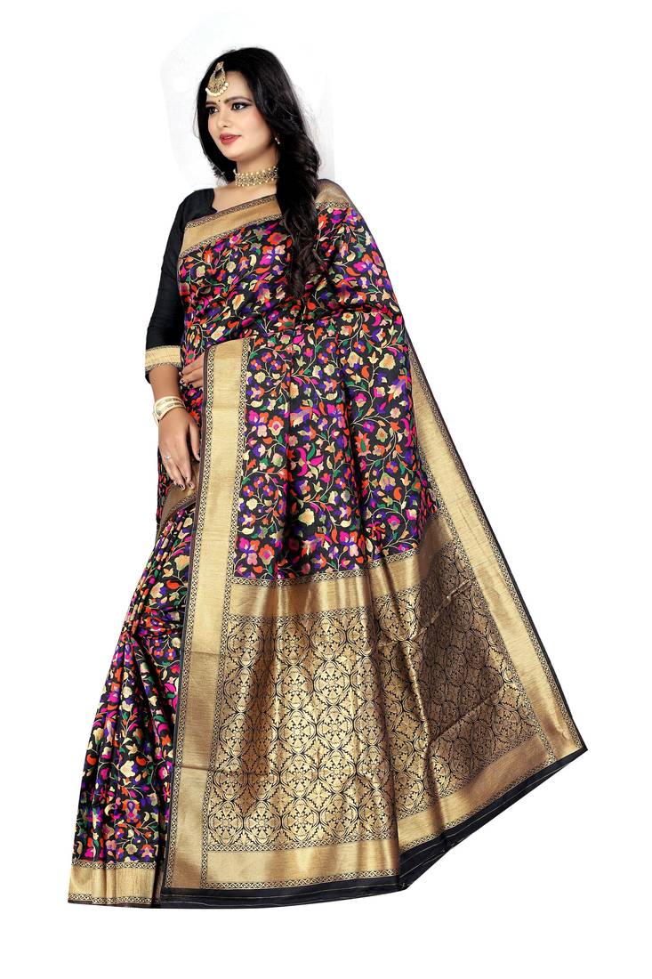 Black woven art silk saree with blouse