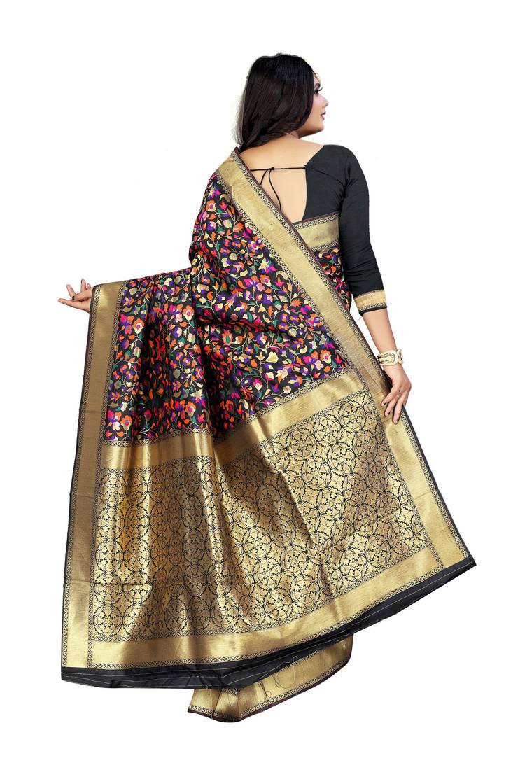 Black woven art silk saree with blouse