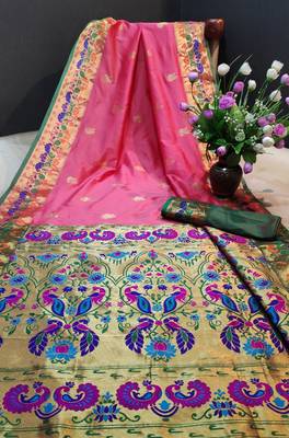 Pink woven paithani silk saree with blouse 1