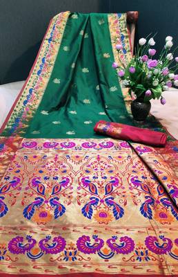 Green woven paithani silk saree with blouse 1