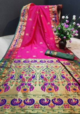 Pink woven paithani silk saree with blouse 1