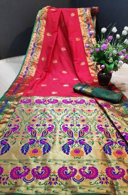 Red woven paithani silk saree with blouse 1