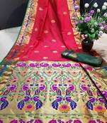 Red woven paithani silk saree with blouse