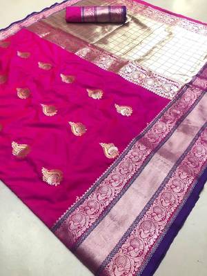 Pink woven cotton silk saree with blouse 1