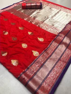 Red woven cotton silk saree with blouse 1