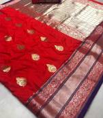 Red woven cotton silk saree with blouse