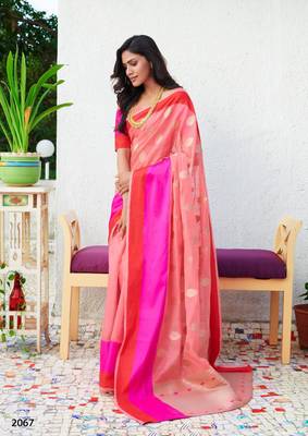 Pink woven cotton silk saree with blouse 1