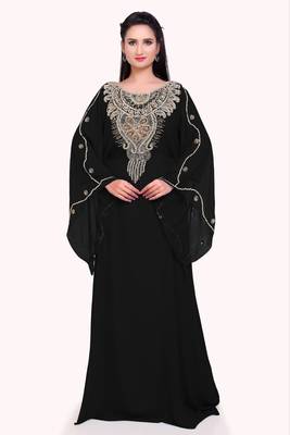 black georgette moroccan islamic dubai kaftan farasha zari and stone work dress 1
