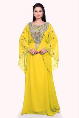 yellow georgette moroccan islamic dubai kaftan farasha zari and stone work dress 1