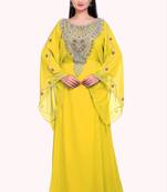 yellow georgette moroccan islamic dubai kaftan farasha zari and stone work dress