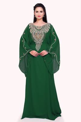 green georgette moroccan islamic dubai kaftan farasha zari and stone work dress 1