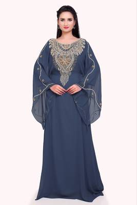 grey georgette moroccan islamic dubai kaftan farasha zari and stone work dress 1