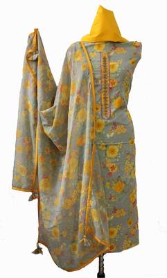 Grey printed cotton unstitched salwar with dupatta 1