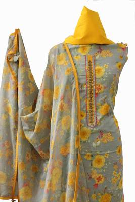 Grey printed cotton unstitched salwar with dupatta 3