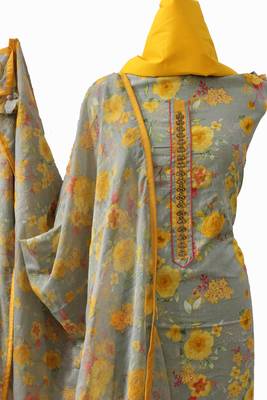 Grey printed cotton unstitched salwar with dupatta 4