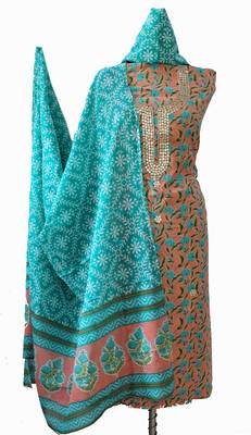 Peach printed cotton unstitched salwar with dupatta 1