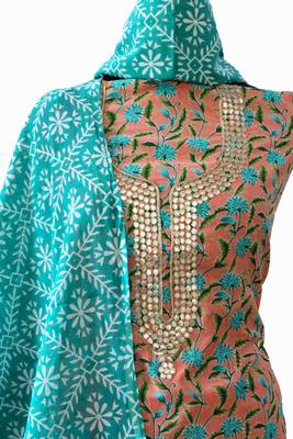 Peach printed cotton unstitched salwar with dupatta 2