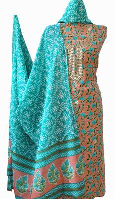 Peach printed cotton unstitched salwar with dupatta 3