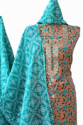 Peach printed cotton unstitched salwar with dupatta 4