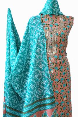 Peach printed cotton unstitched salwar with dupatta 5