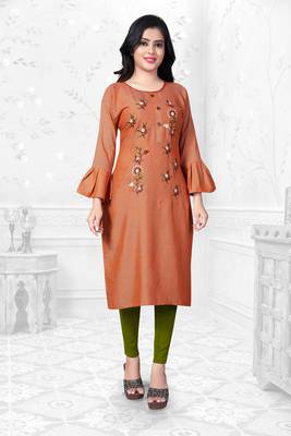 Orange embroidered rayon long-kurtis 1
