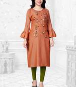 Orange embroidered rayon long-kurtis