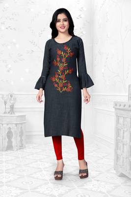 Grey embroidered rayon long-kurtis 1