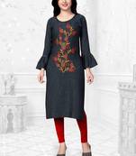 Grey embroidered rayon long-kurtis