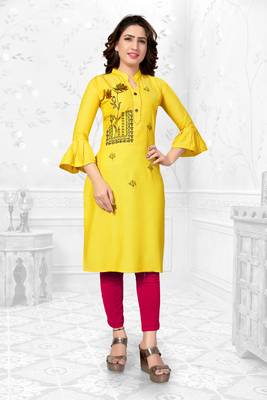 Yellow embroidered rayon long-kurtis 1