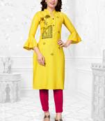 Yellow embroidered rayon long-kurtis